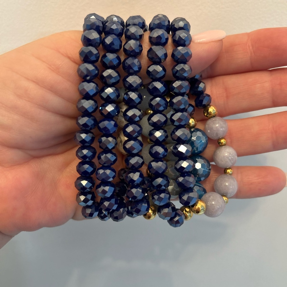 Elegant Blue and Gold Hand-Designed Beaded Bracelet Stack - Picture 3 of 3